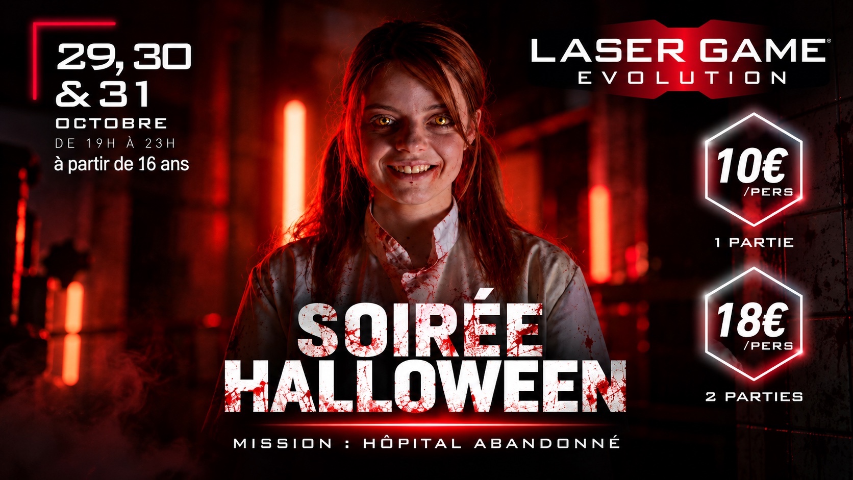 Joueur équipé d’un phazer dans le labyrinthe du Laser Game Evolution Grenoble pendant le mode spécial Halloween 2026.