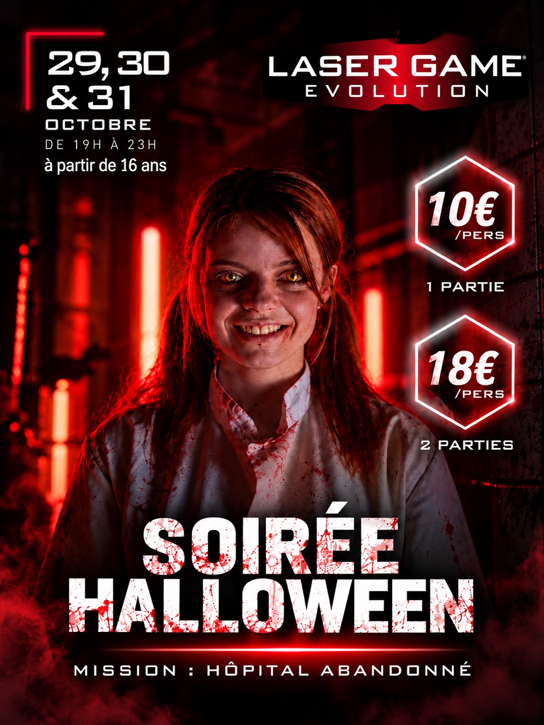 Visuel officiel Halloween de Laser Game Evolution Grenoble et Saint-Martin-d’Hères annonçant trois soirées spéciales les 29, 30 et 31 octobre 2026 sur le thème de l’hôpital abandonné.