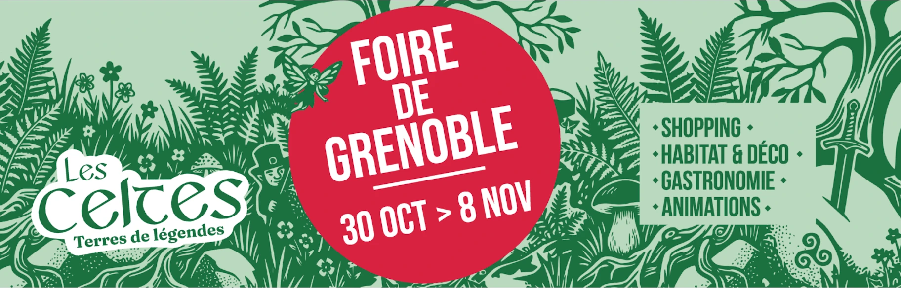 Affiche officielle de la Foire de Grenoble 2026 à Alpexpo, consacrée à l’univers des Celtes et annonçant les dates du 30 octobre au 8 novembre.
