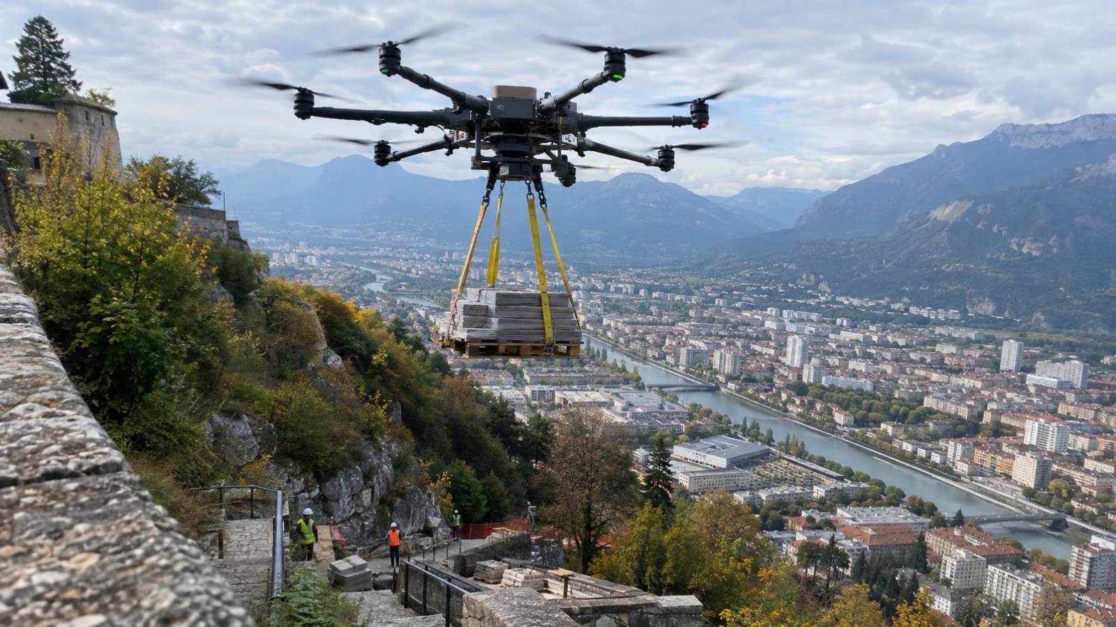 Photographie éditoriale prise sur le vif illustrant Grenoble : 2 tonnes de matériaux à transporter à la Bastille… les ouvriers font appel à un drone géant à Grenoble / Bastille