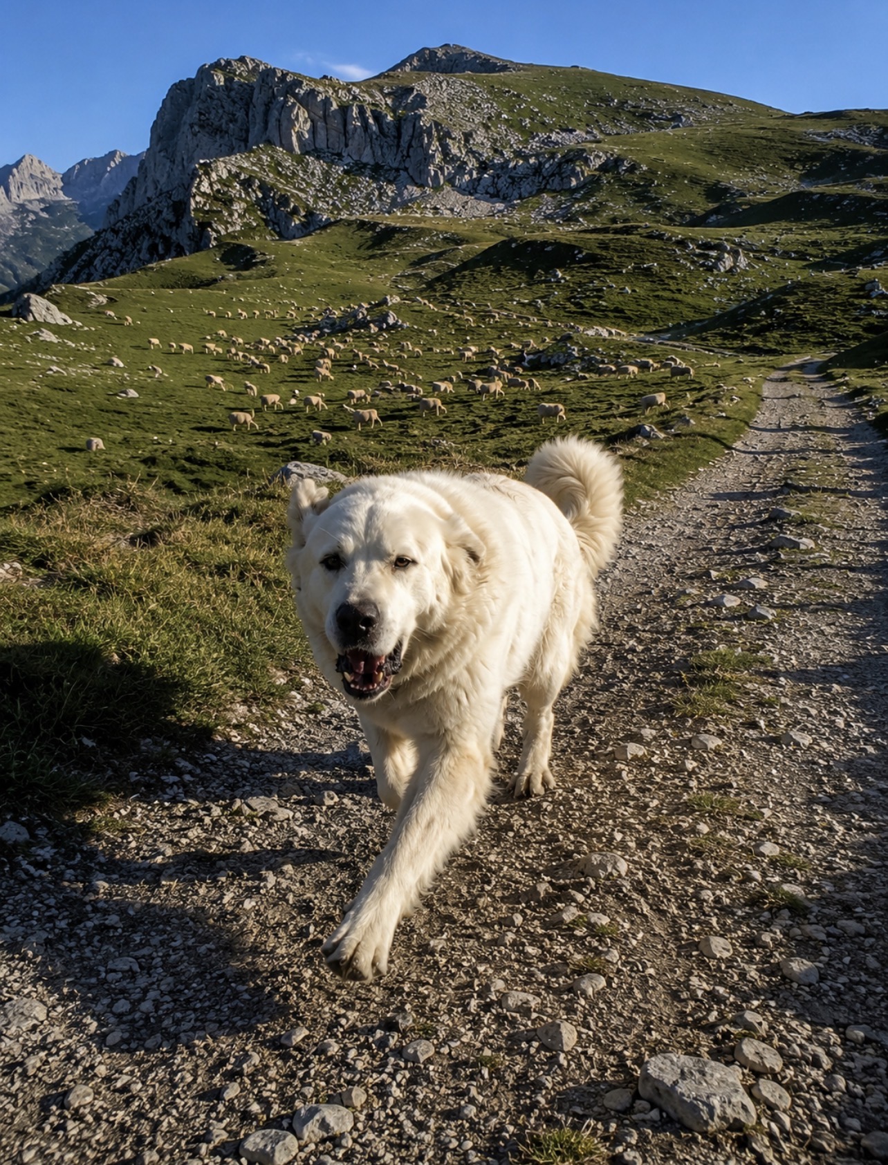 Randonneurs sur un sentier de montagne en Chartreuse avec un chien de protection de troupeau à proximité, illustration contextuelle de l’incident survenu près du col des Ayes.