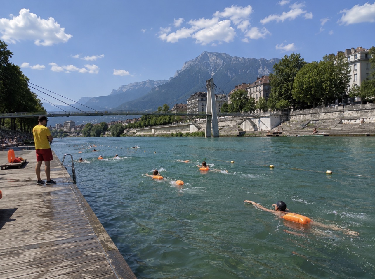 L’Isère et ses quais dans le centre de Grenoble, où une première expérimentation de baignade surveillée est prévue le 30 août 2026.