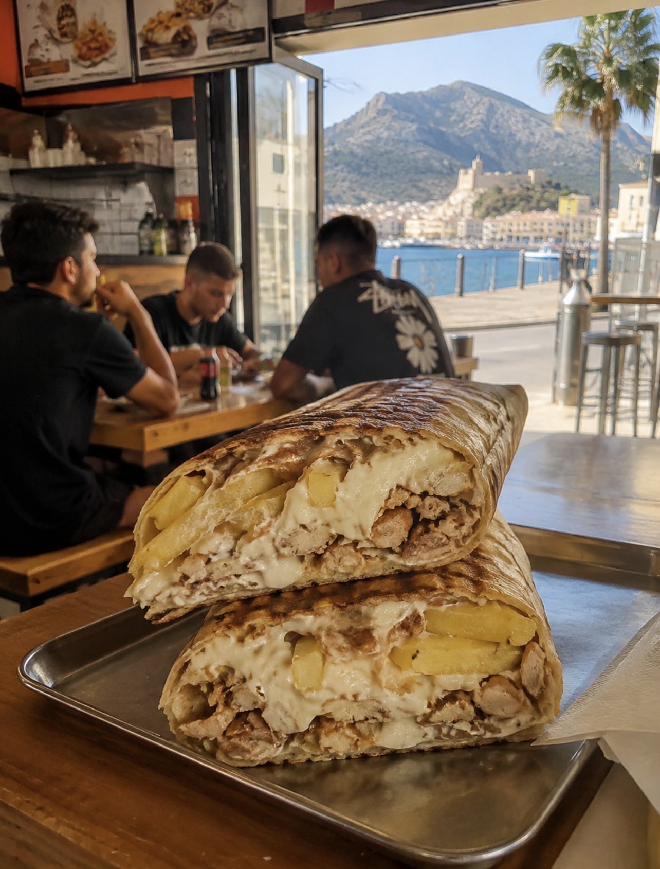 French tacos servi dans un snack urbain avec un décor évoquant Grenoble et les Alpes, illustration du succès du produit au-delà de l’Isère.