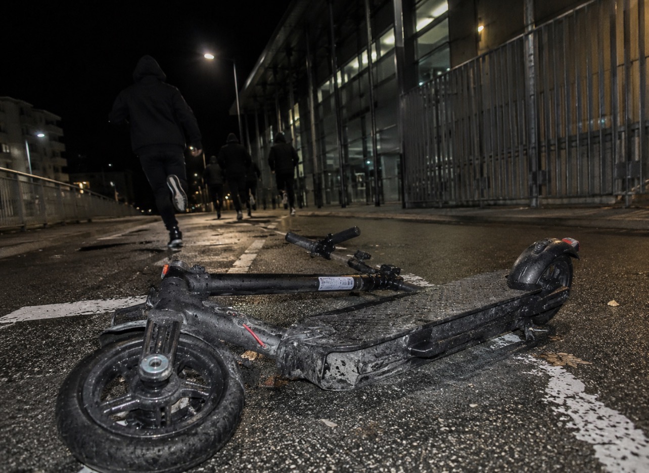 Trottinette électrique sur une rue de Saint-Martin-d’Hères avec présence policière à distance, illustration contextuelle d’un rendez-vous de vente ayant donné lieu à une enquête.
