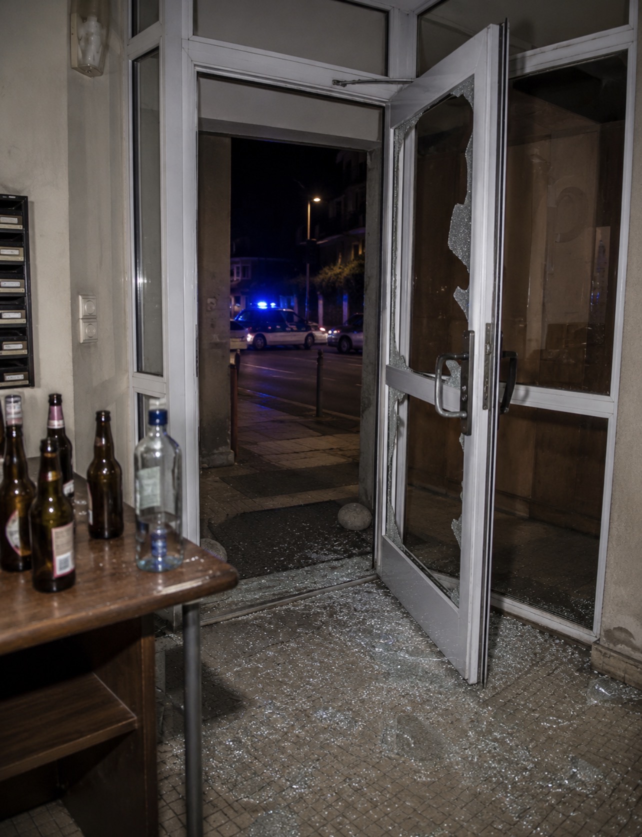 Entrée d’un immeuble résidentiel à Izeron avec une porte vitrée endommagée, illustration contextuelle d’une affaire de violences entre voisins.