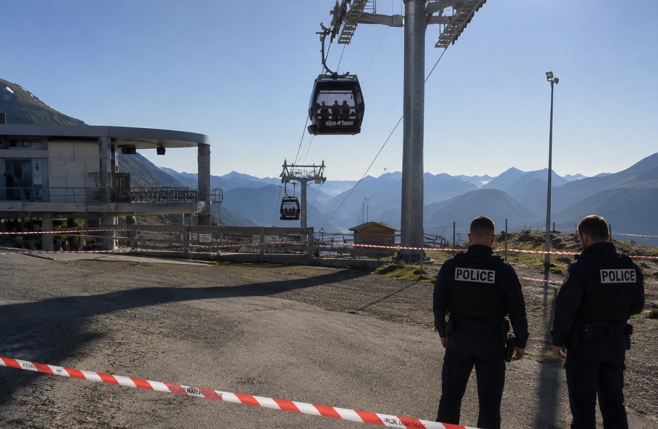 Téléphérique du Pic Blanc à l’Alpe d’Huez, où une cabine transportant une cinquantaine de personnes a été percutée par le bras d’un camion-grue.