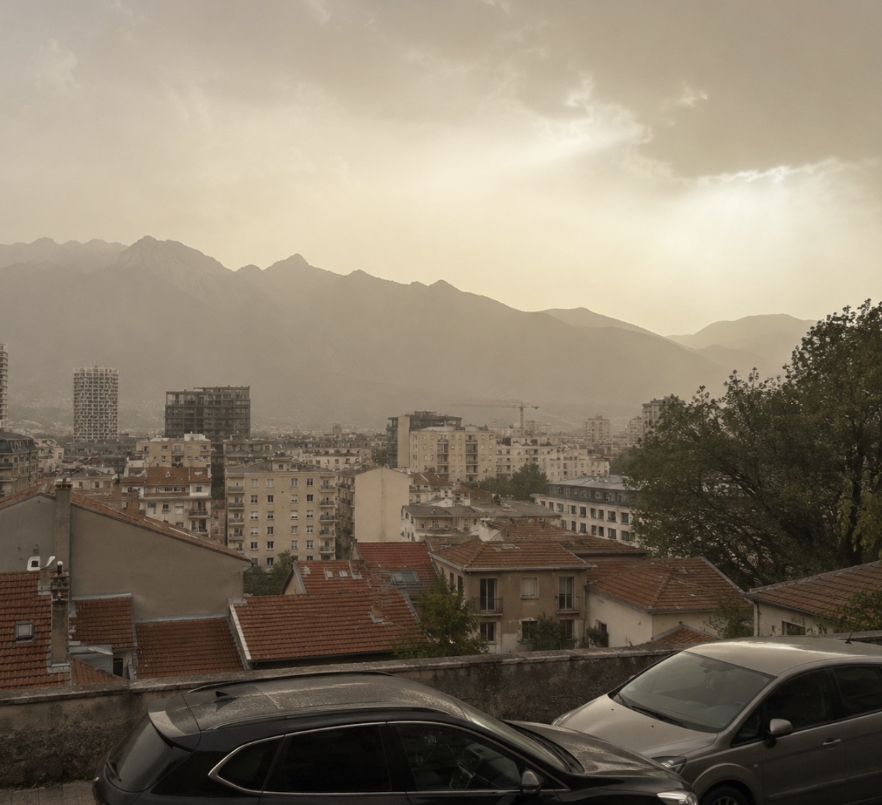 Vue de Grenoble et des massifs alpins sous un ciel voilé par un épisode de poussières sahariennes.
