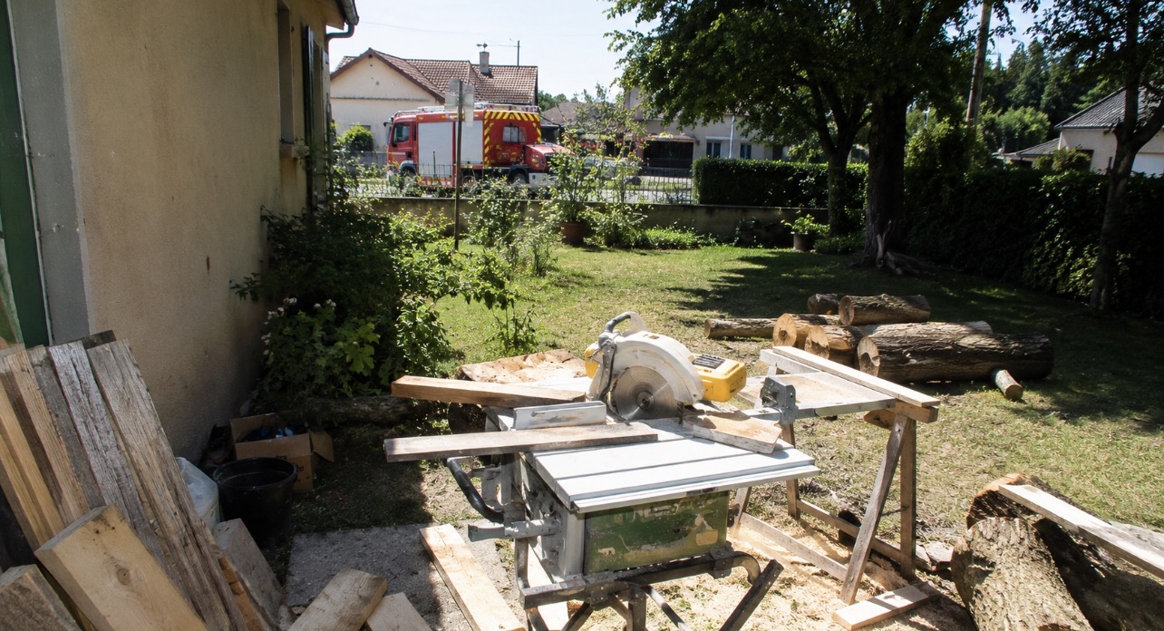 Vue contextuelle d’un jardin à Châbons où s’est produit un grave accident domestique impliquant une scie circulaire.