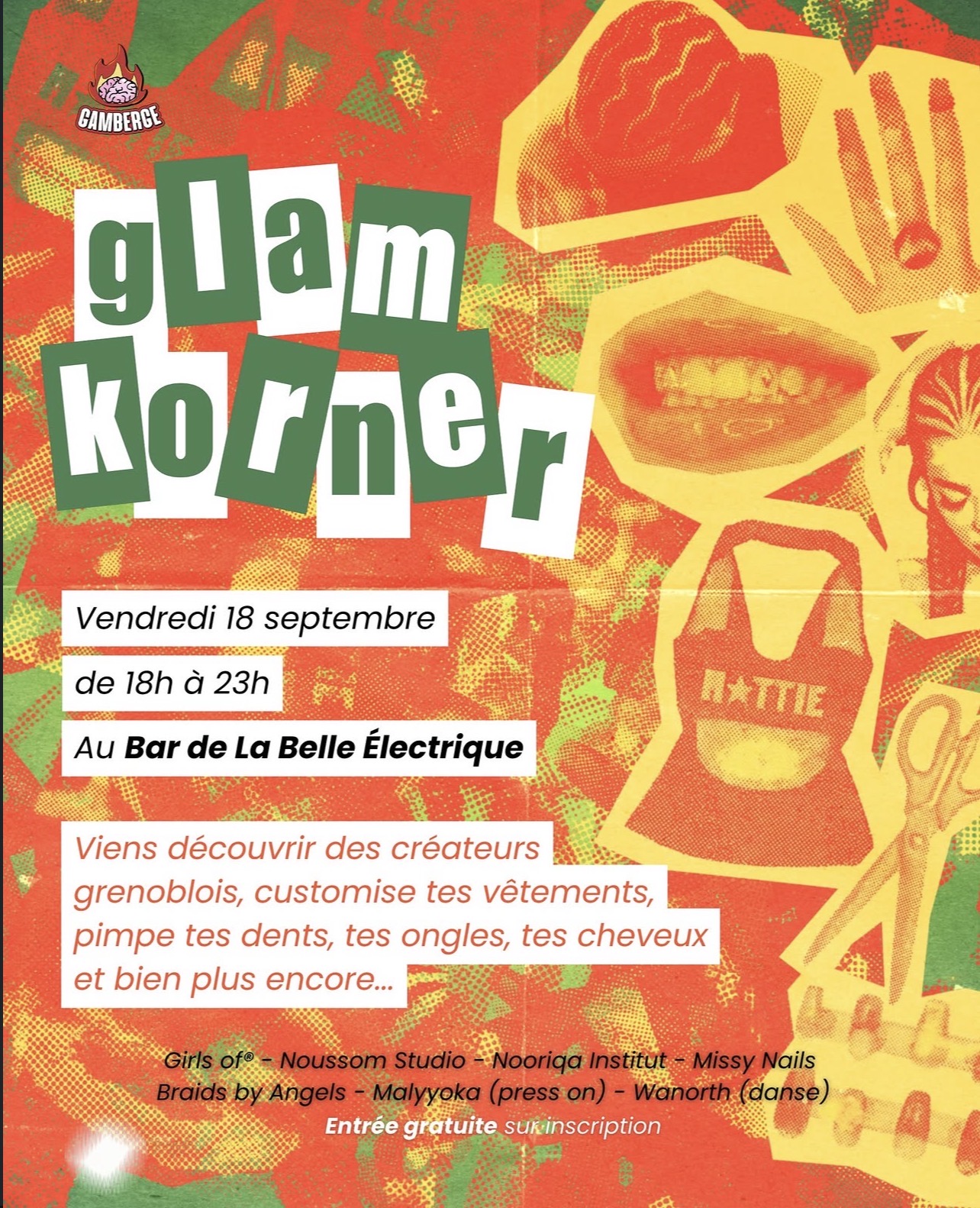 Affiche orange, verte et jaune de Glam Korner avec le nom de l’événement, la date, les horaires et les créateurs participants.