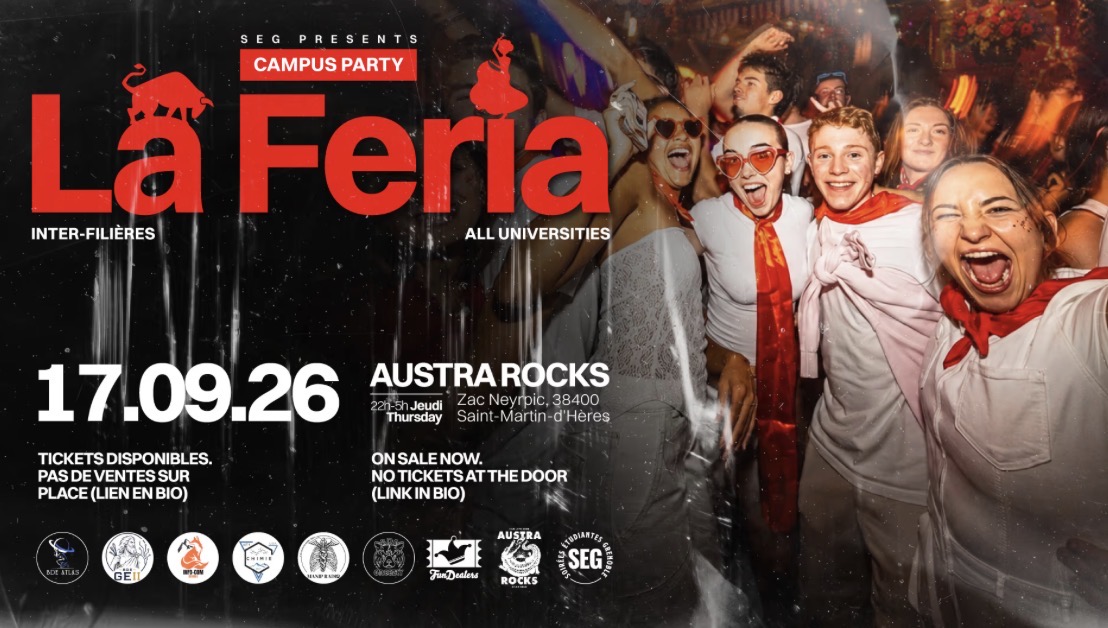Affiche officielle de Campus Party - La Feria by SEG & Friends à Austra Rocks avec dress code blanc et rouge, date du 17 septembre 2026 et horaires 22h-05h.