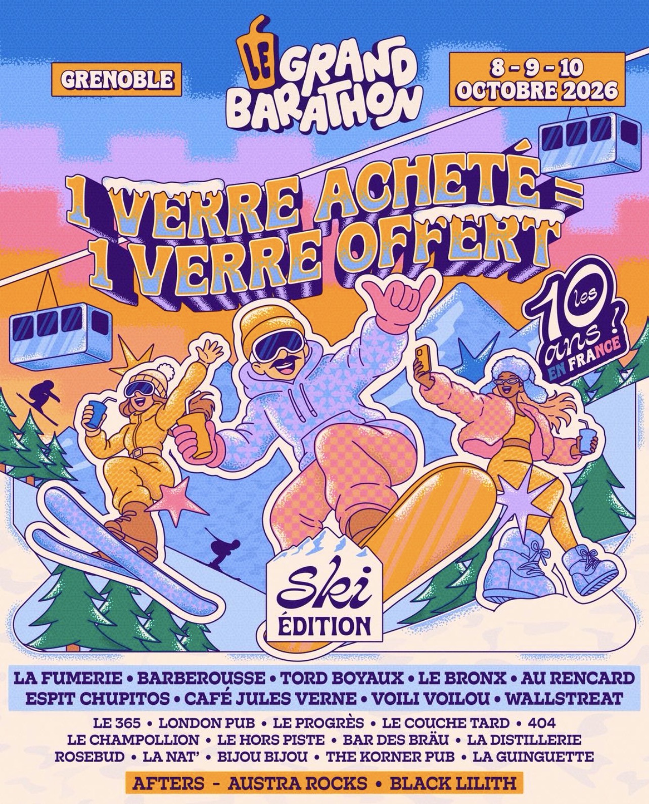 Affiche colorée du Grand Barathon Grenoble édition Ski 2026 avec des personnages en tenue de ski, les dates du 8 au 10 octobre et la liste des bars partenaires.