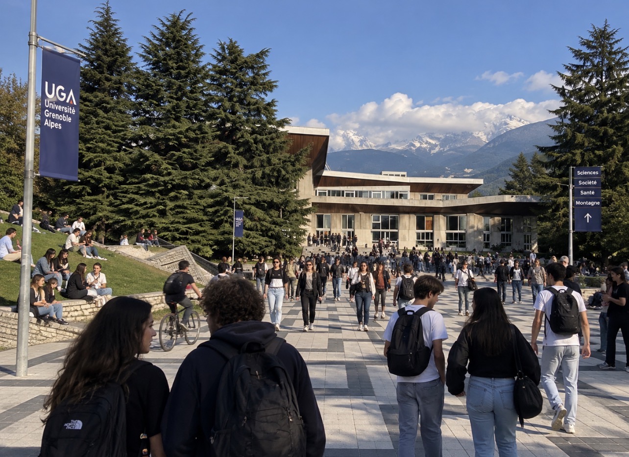 Campus de l’Université Grenoble Alpes à Saint-Martin-d’Hères avec des étudiants devant des bâtiments universitaires et scientifiques.