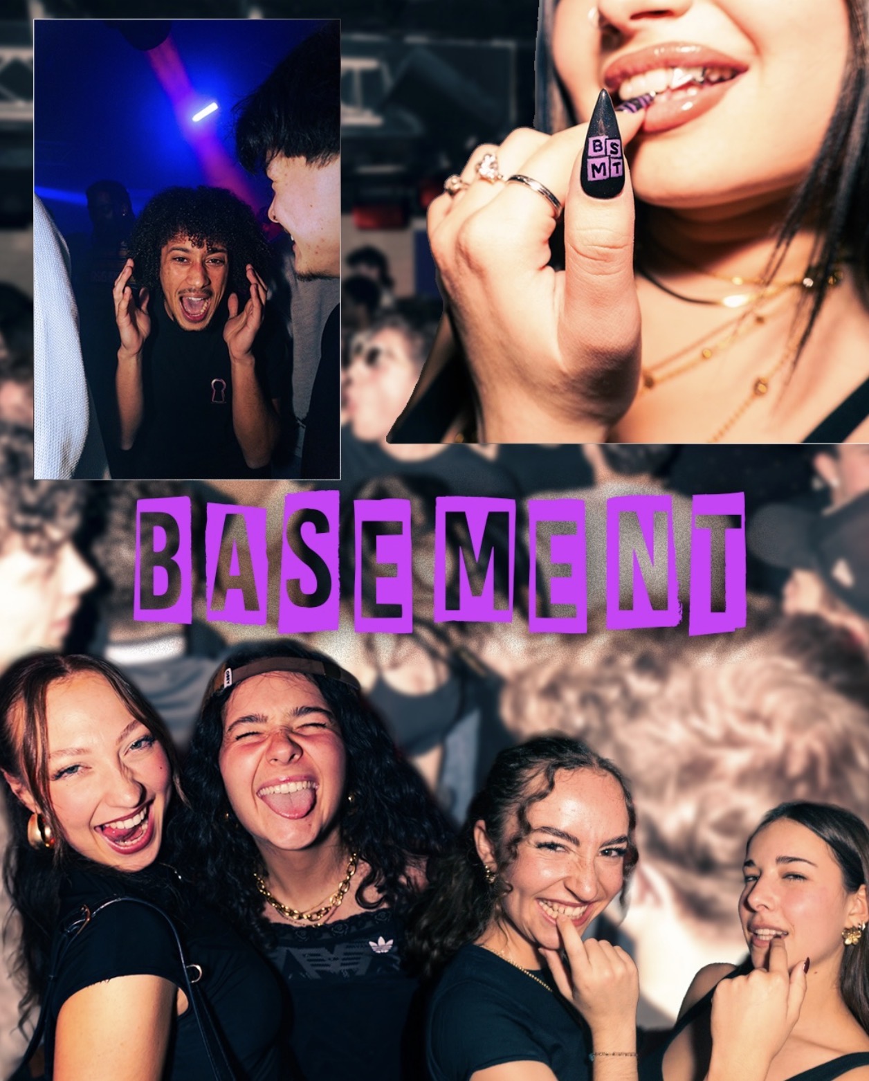 Affiche de la soirée BASEMENT Opening Season à Austra Rocks avec univers visuel violet et vert et référence à la scène rap et trap.