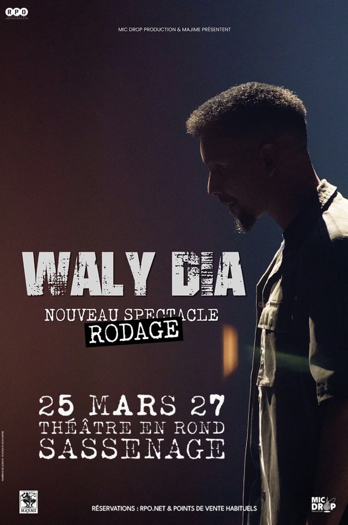 Affiche de Waly Dia pour son nouveau spectacle en rodage, le 25 mars 2027 au Théâtre en rond à Sassenage.