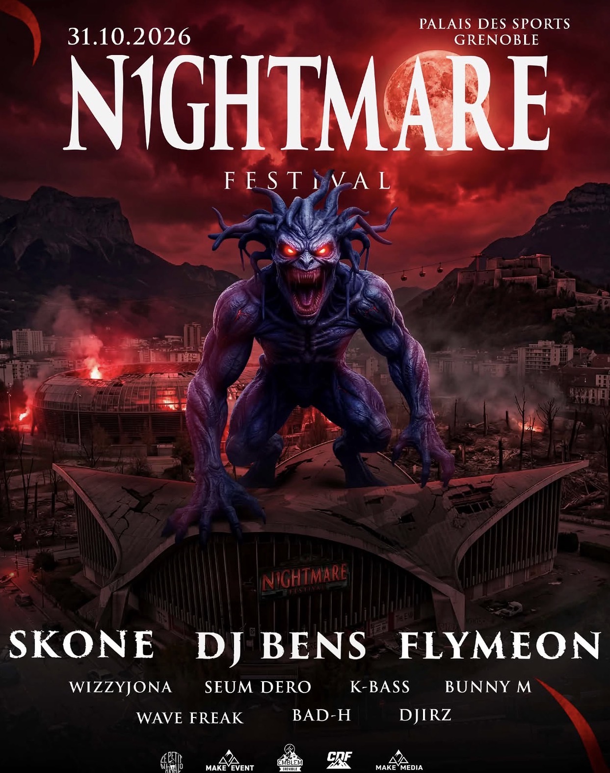 Affiche sombre et rouge du Nightmare Festival avec une créature démoniaque, la date du 31 octobre 2026 et le Palais des Sports de Grenoble.