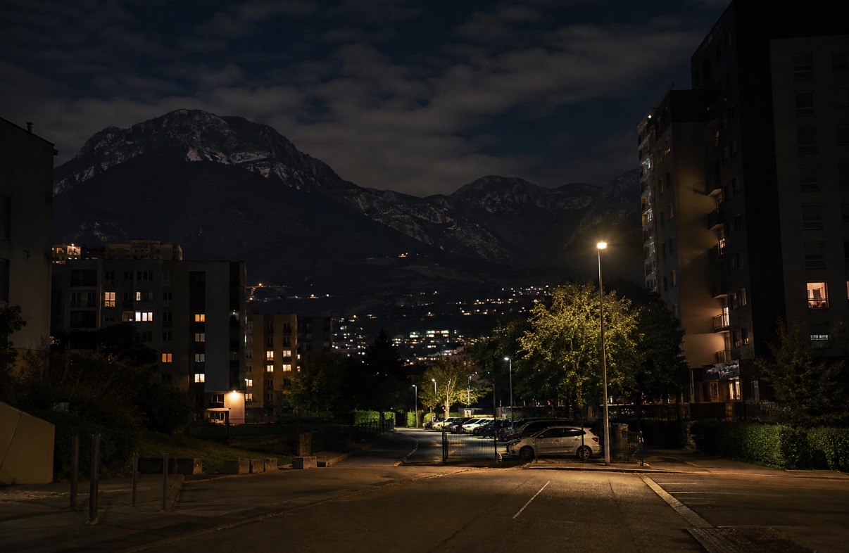Quartier Mistral à Grenoble de nuit, avenue Rhin-et-Danube, illustration photographique réaliste du contexte d'une nouvelle fusillade.