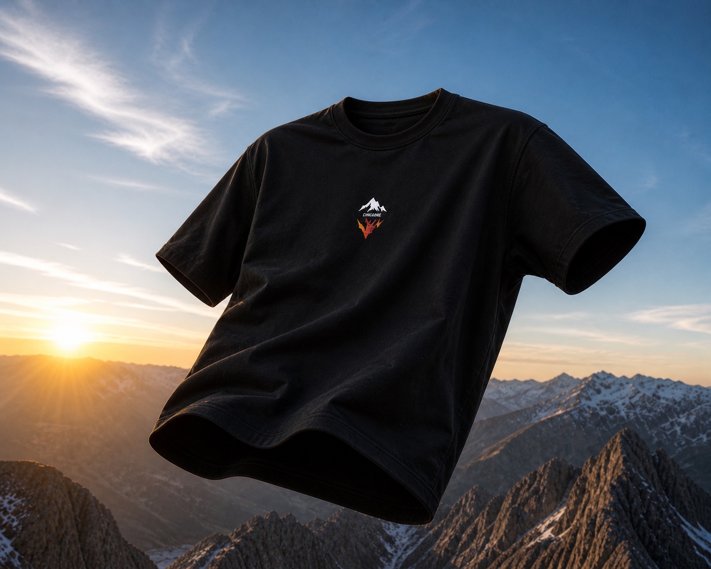 T-shirt noir Chicagre devant les montagnes